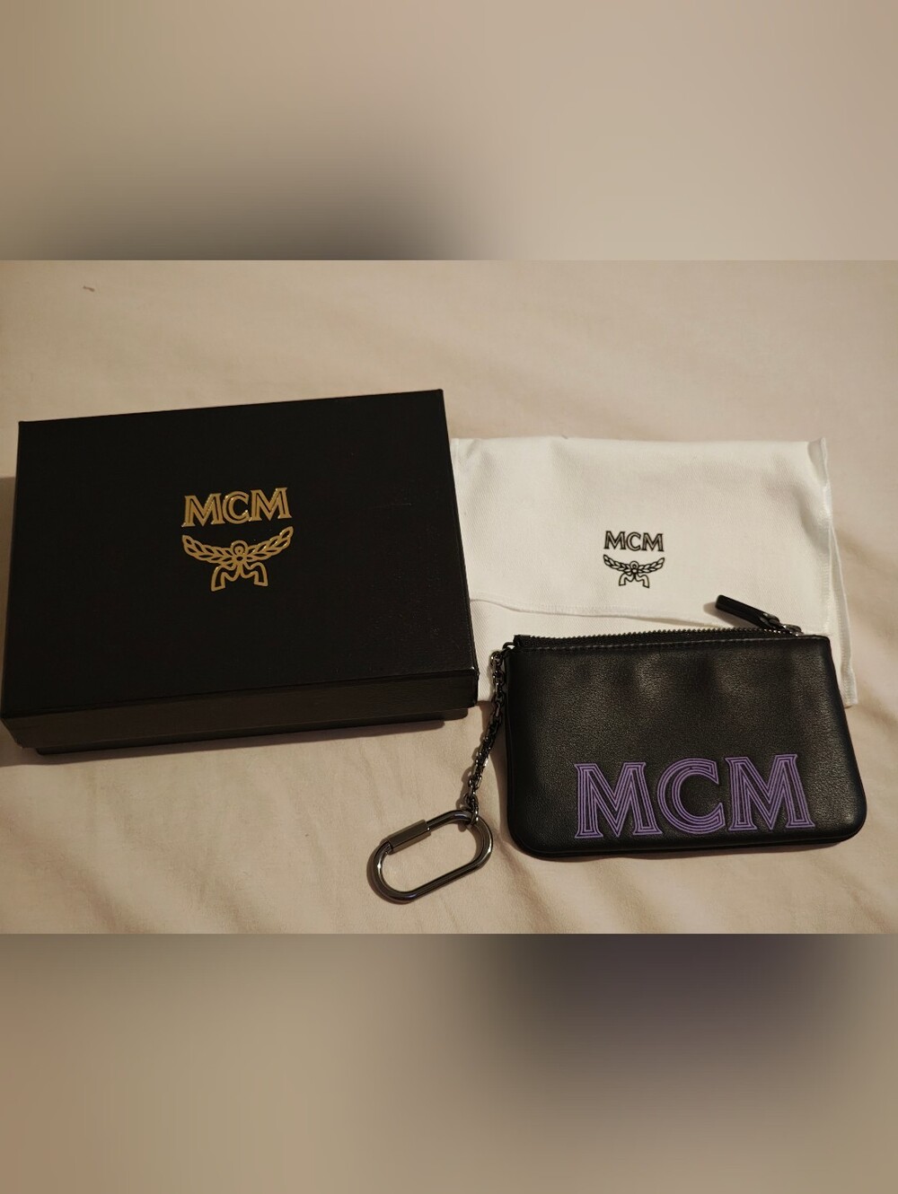 MCM Black Leather Zip Pouch with Purple Logo - Picture 1 of 10